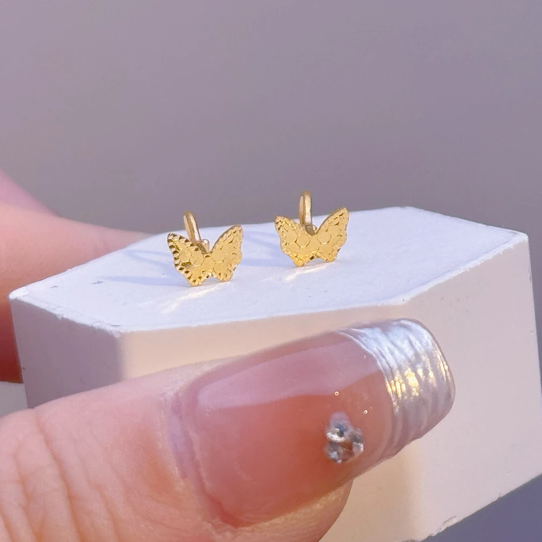 足金999水贝鱼鳞蝴蝶耳钉小巧百搭精致送闺蜜生日5D硬金弯针