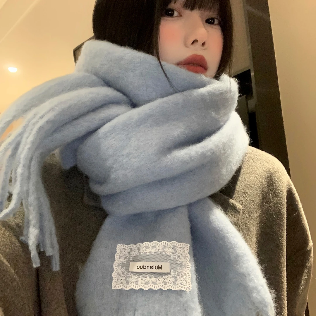 蓝色软糯马海毛针织围巾女秋冬韩系氛围感保暖加厚高级感护颈围脖