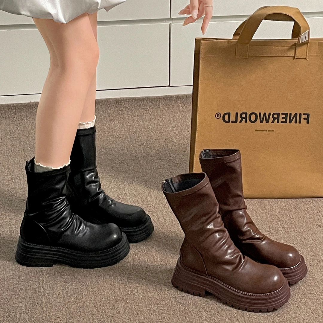 爆款棕色英伦风厚底马丁靴女款2025新款秋季增高百搭美拉德短靴子