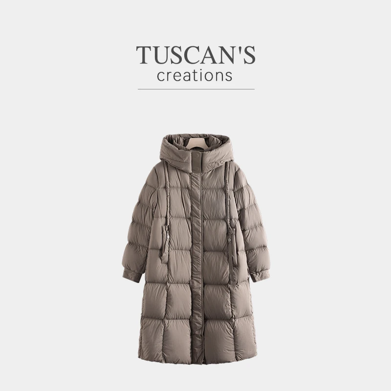 TUSCAN'S CREATIONS常规纯色中长款长款时尚连帽磁吸保暖羽绒服