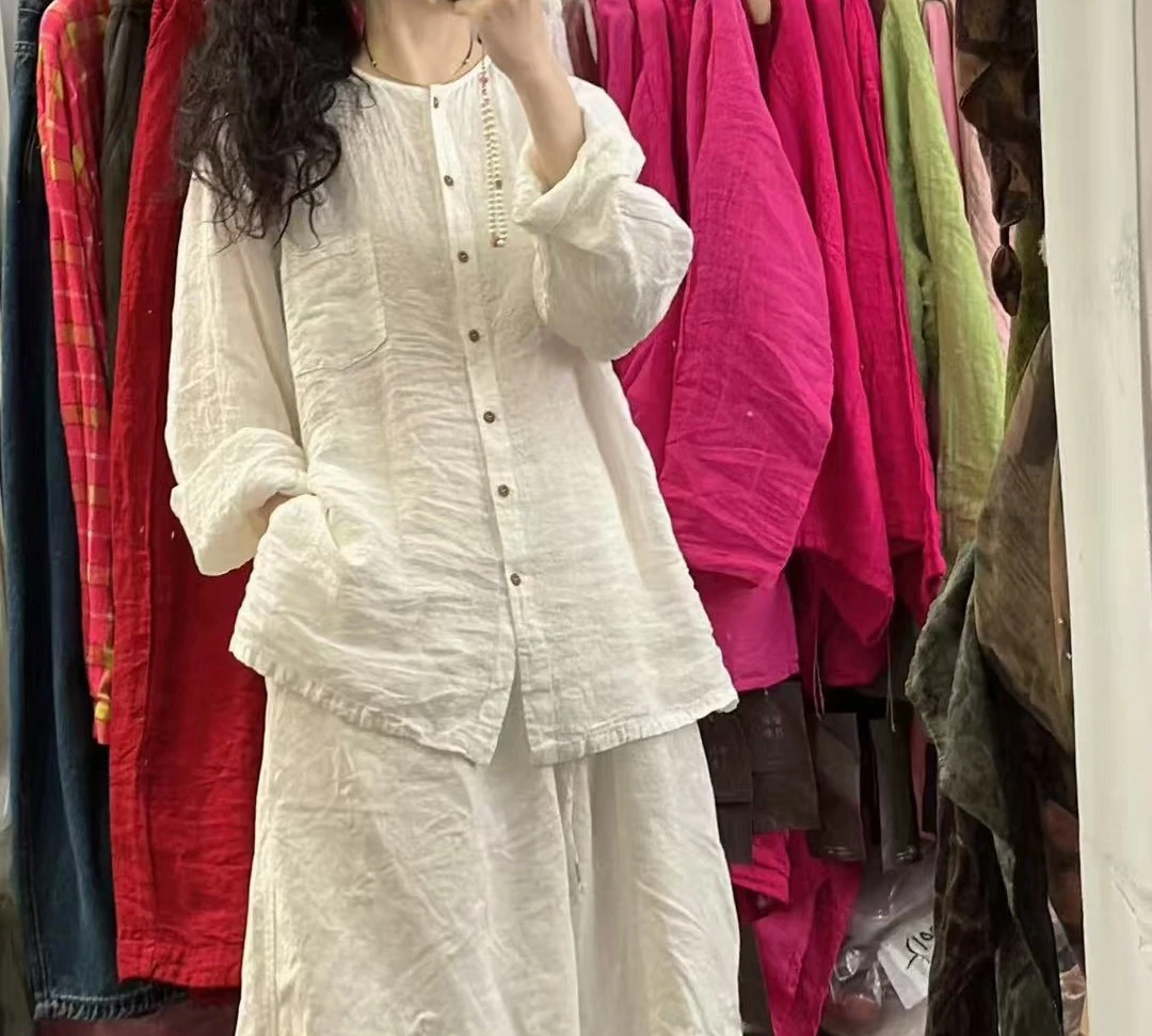 砂洗亚麻复古休闲显瘦开衫衬衣