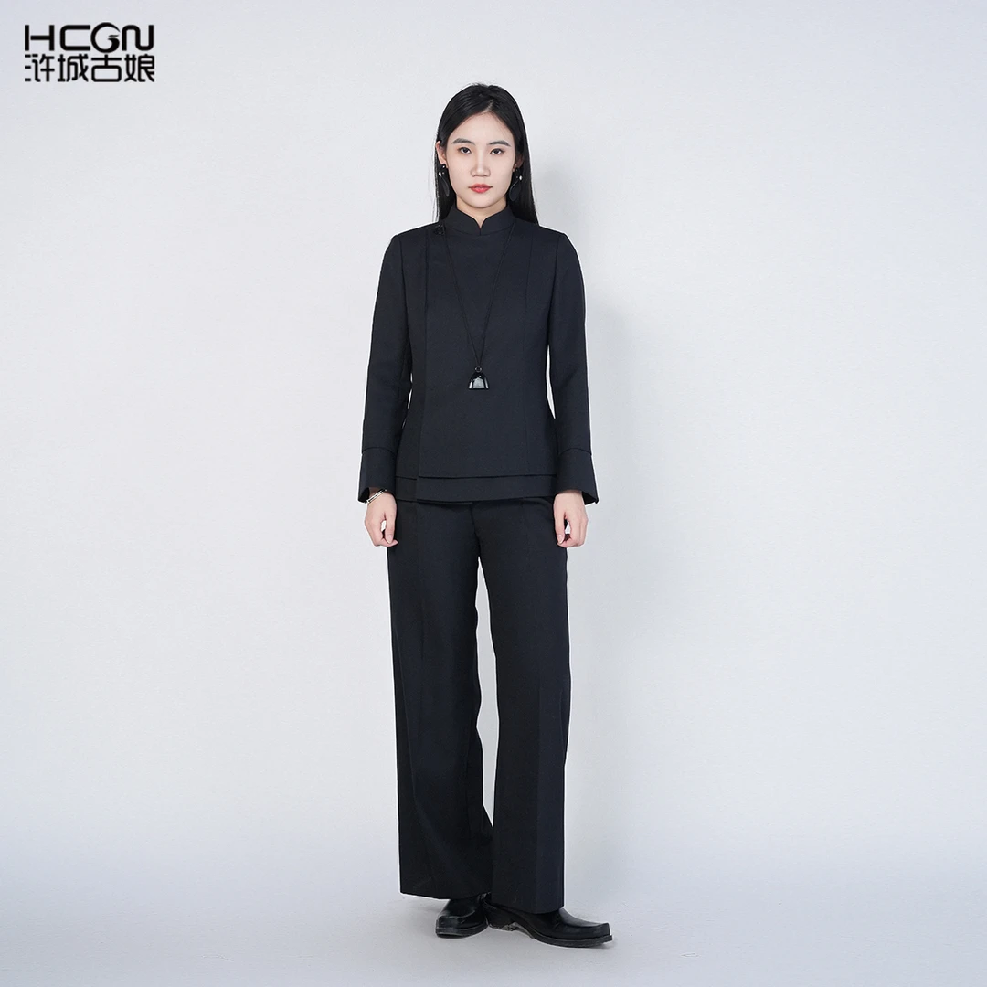 中国风绵羊毛气质通勤女显瘦玄黑魅影套装HASS180029+HASS090013