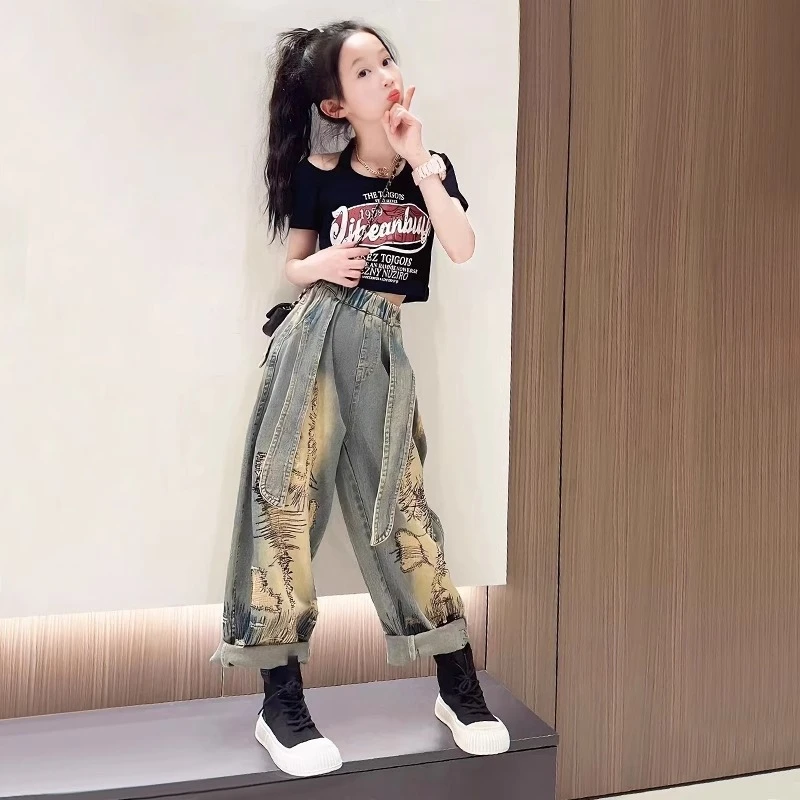 女童露肩T恤套装夏季2025新款儿童时髦夏装女孩牛仔裤两件套洋气