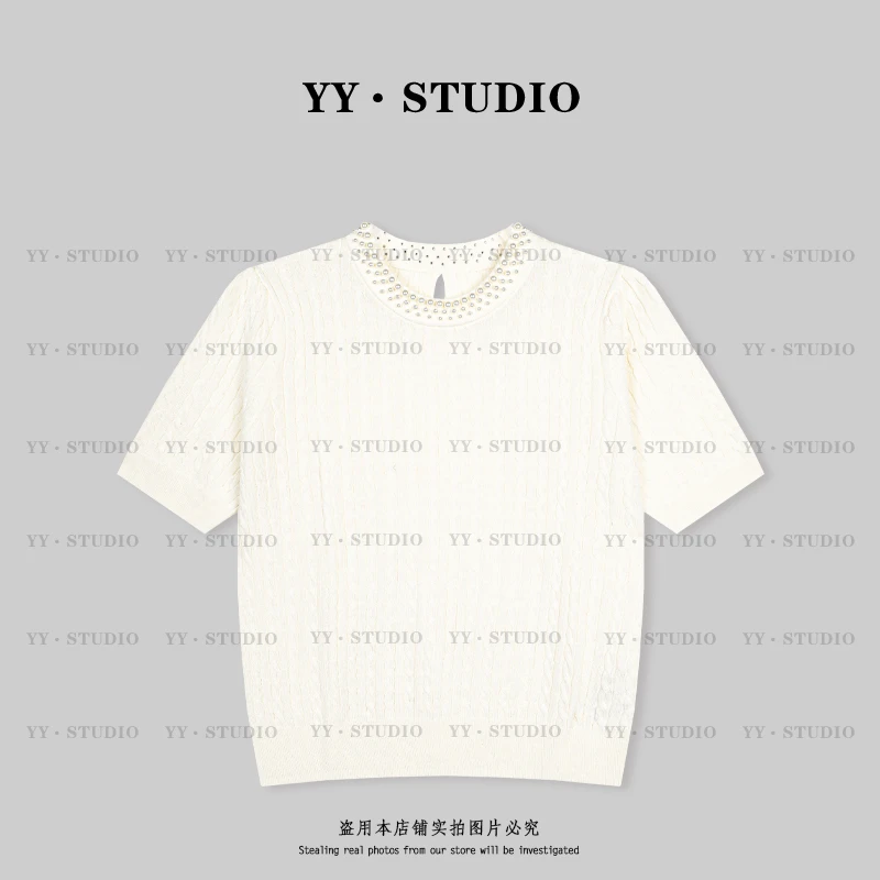 【丢丢专属】春夏百搭钉珠圆领坑条短袖针织上衣YY-7683