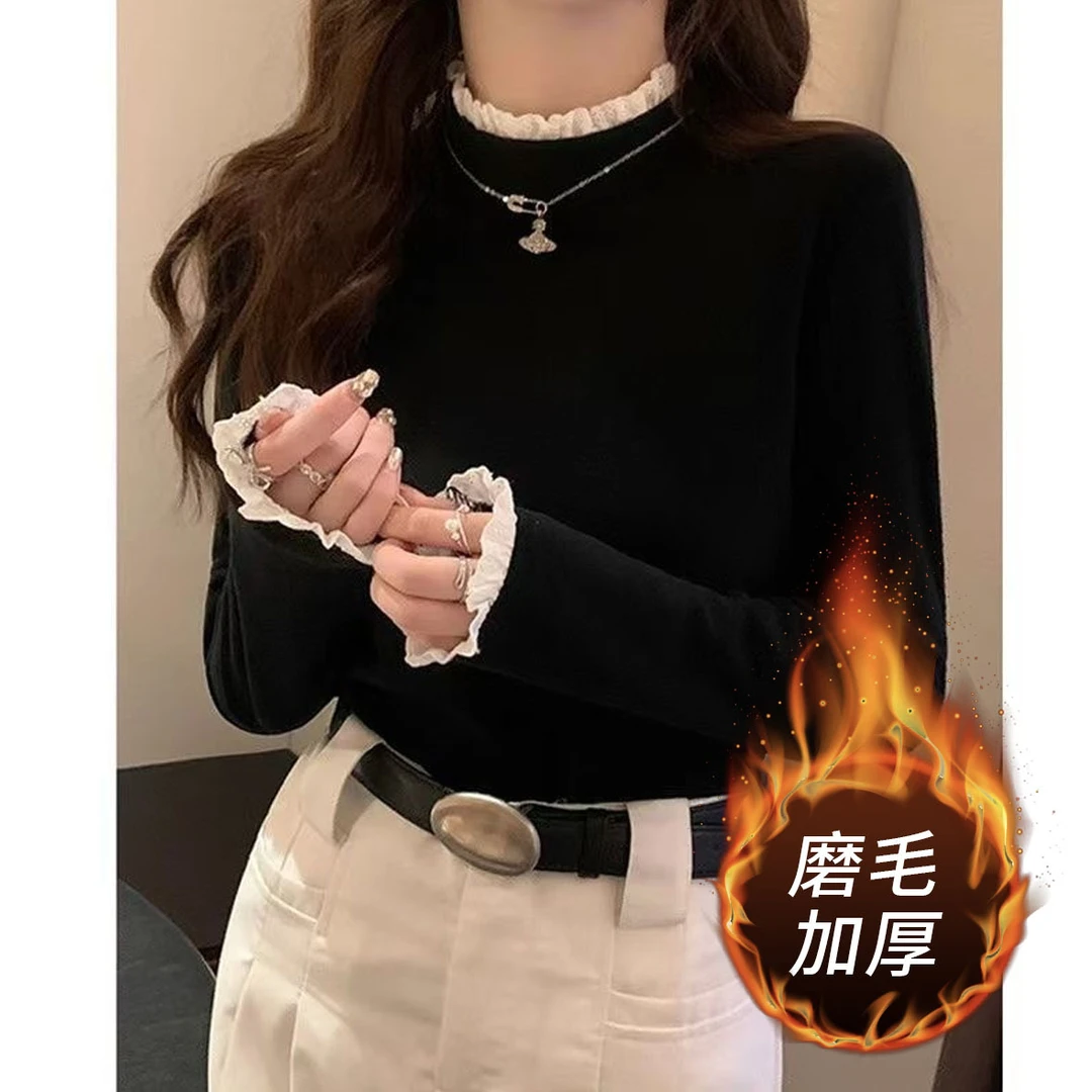 【新店福利】花边拼接半高领打底衫女秋冬双面磨毛修身设计感内搭