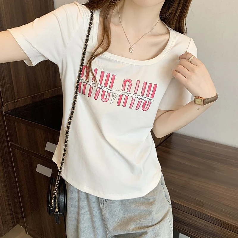 300斤大码遮肚子方领字母印花正肩短袖T恤女胖mm显瘦独特炸街上衣