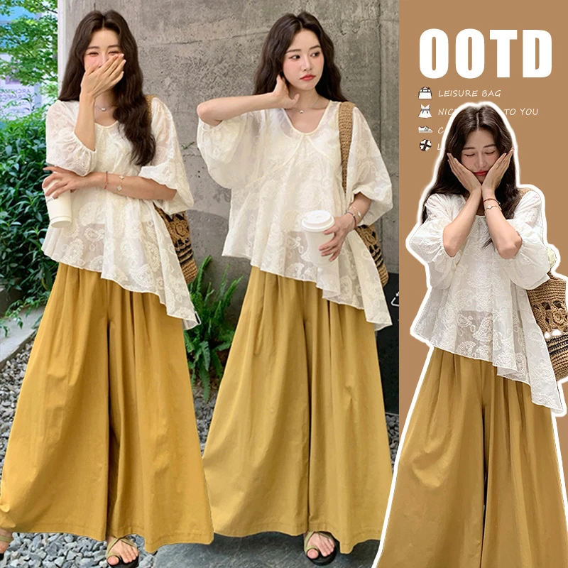 2025孕妇装夏季超火新款韩系穿搭不规则绣花上衣阔腿裤裙孕妇套装