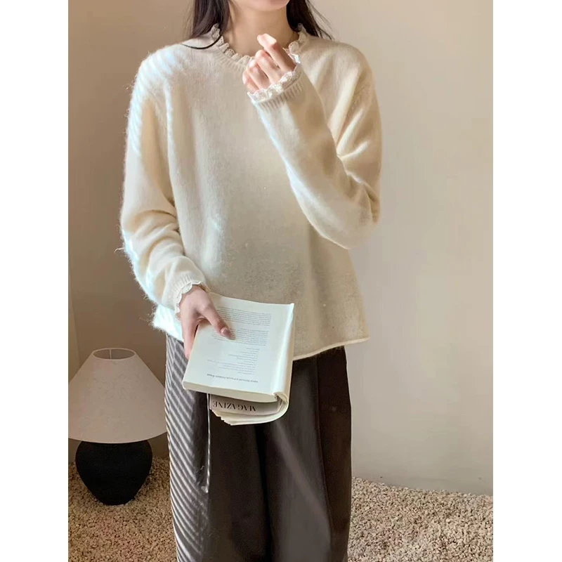 【珠片蕾丝拼接】2025年新款春装时尚慵懒风宽松针织套头毛衣女