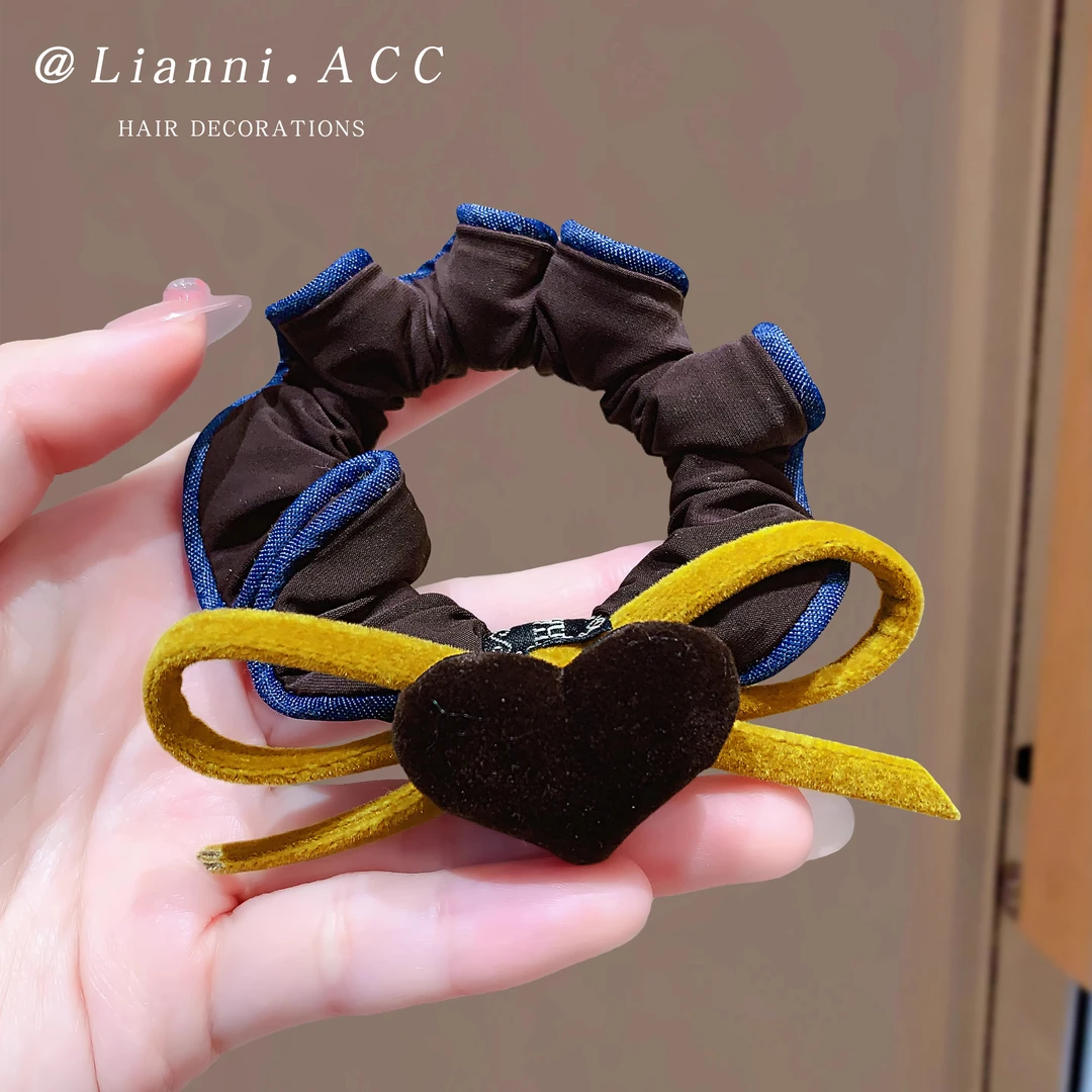 韩国东大门新款高级感蝴蝶结发饰撞色百搭秋冬牛仔蓝头绳发绳发饰