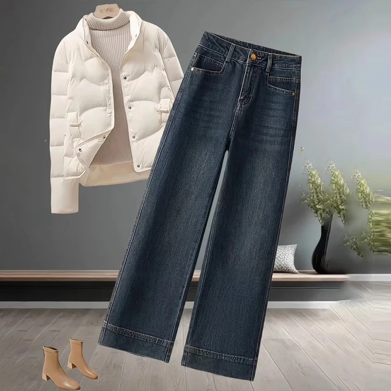 2025新款高腰复古宽松显瘦百搭百搭休闲大码直筒阔腿九分牛仔裤女