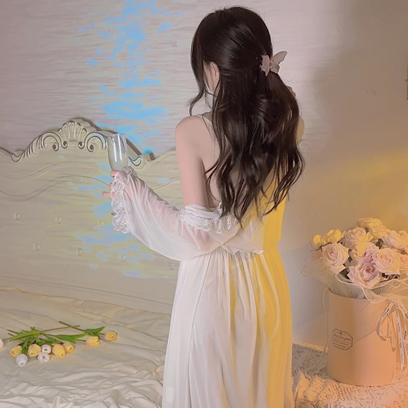 薄款冰丝简约纯欲风露背睡衣吊带睡裙外袍女式家居服套装2369