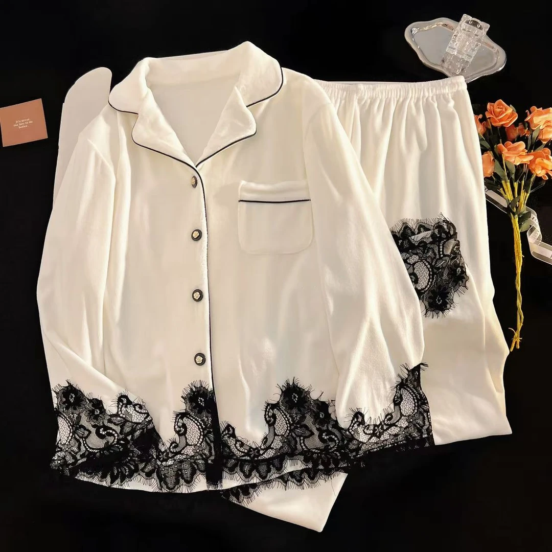 2025新款双面绒海岛绒睡衣女秋冬蕾丝花边高级感长袖长裤家居服