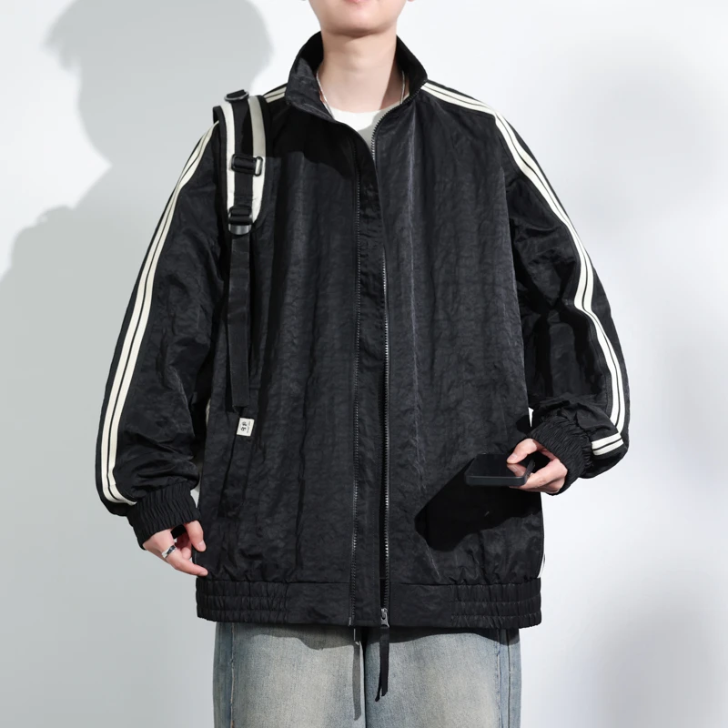 美式复古撞色条纹大码外套潮流宽松运动休闲高级感情侣款百搭夹克