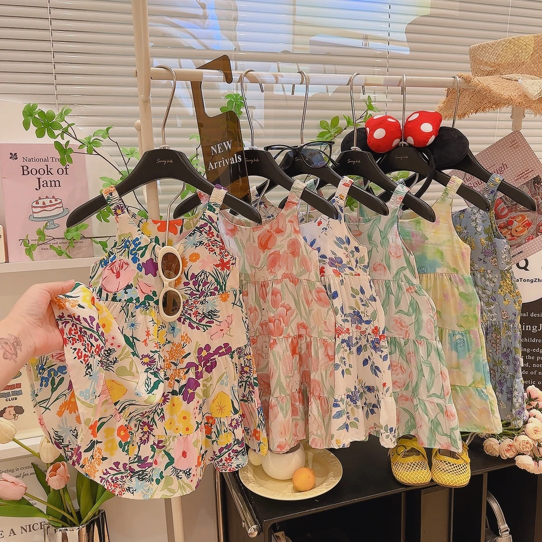 【度假风】儿童棉绸吊带裙女童夏季无袖蛋糕裙洋气碎花女宝连衣裙