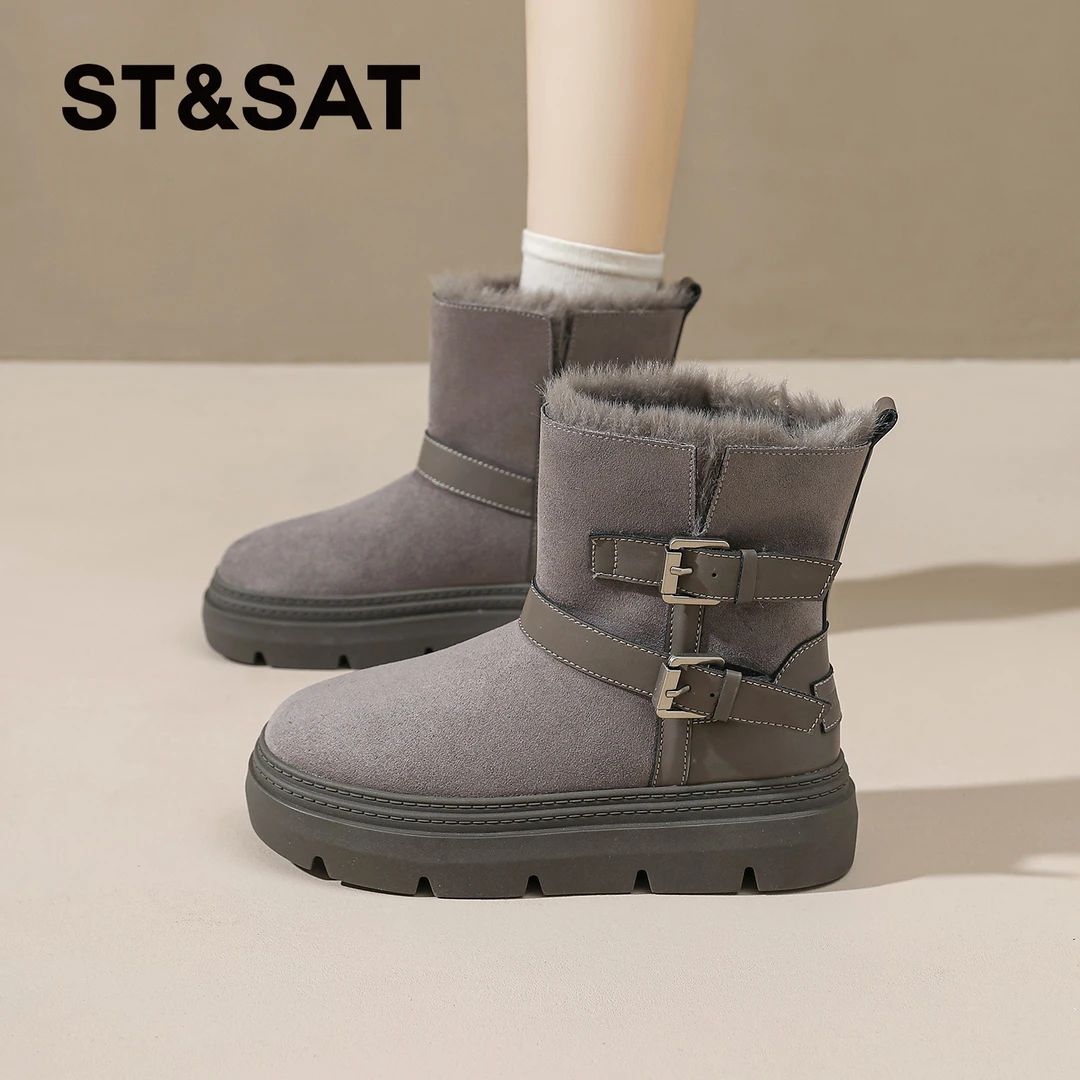 星期六中筒灰色雪地靴女2025新款增高复古棉靴东北保暖女款大棉鞋