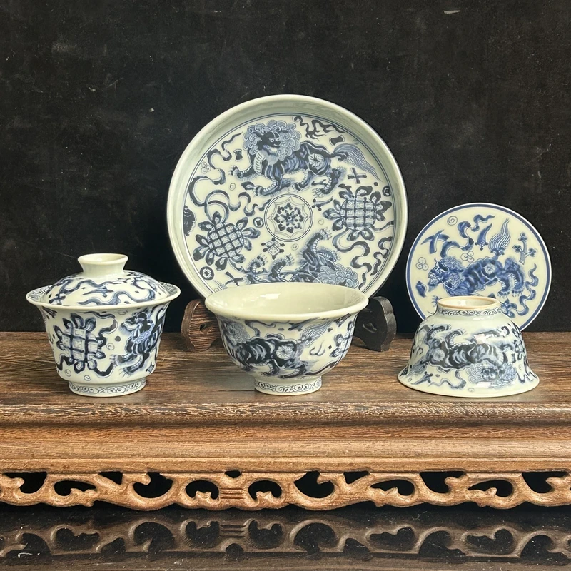 景德镇青花瓷釉下青花狮子滚绣球5件套组瑞兽高档高档茶器套组