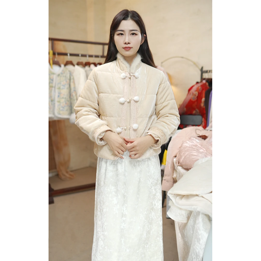 【绒羽】新中式立领盘扣金丝绒水貂毛蕾丝花边外套冬季新国风棉衣