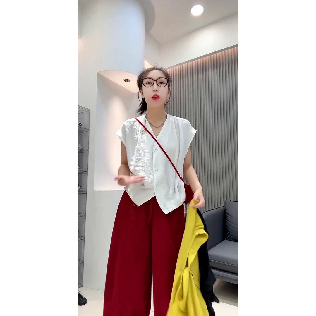 欧洲站休闲百搭宽松V领单排扣落肩袖衬衫