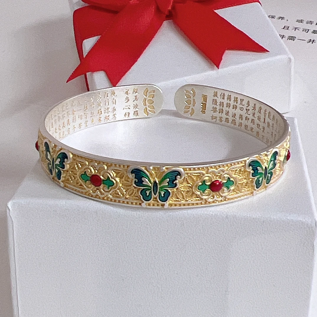 足银珐琅手镯 民族风女百搭复古时尚磨砂轻奢足银999开口手镯