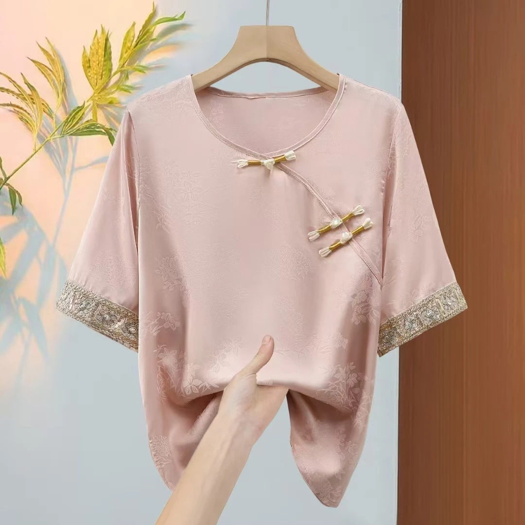 新中式中国风斜襟复古小衫刺绣重工提花时尚气质女士半袖中式上衣