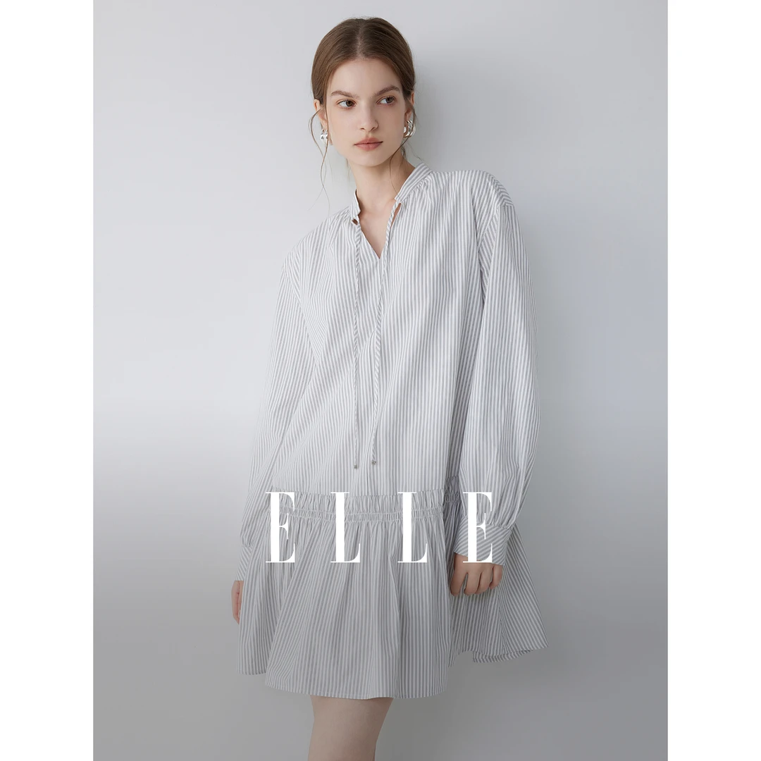 ELLE法式条纹通勤连衣裙女2025秋季新款宽松休闲娃娃裙EL52845