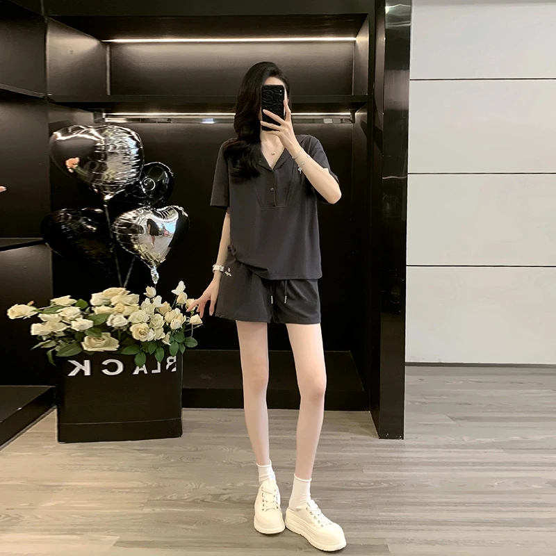 网红灰色休闲运动套装女夏季薄韩系小众洋气短袖帽衫短裤两件套潮