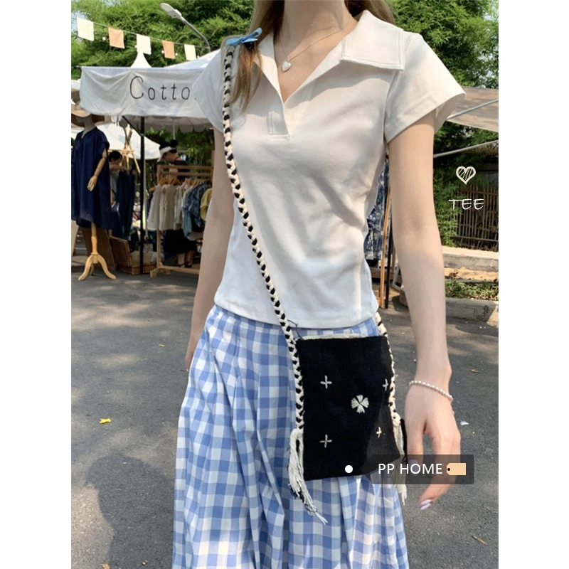 白色polo领正肩短袖T恤女夏季设计感小众百搭显瘦修身翻领上衣ins