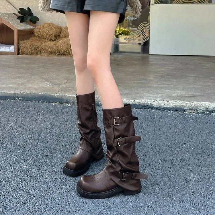 美拉德风厚底增高褶皱长靴女2025早秋新款小个子骑士靴复古时装靴