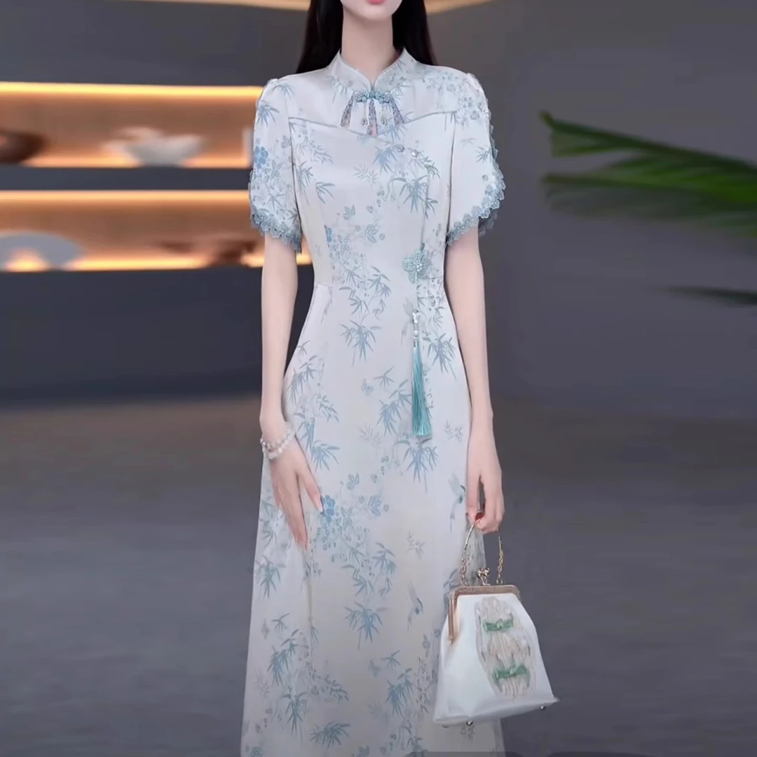 伊人的衣橱新中式盘扣旗袍改良版连衣裙子女士夏季新款冰丝提花缎