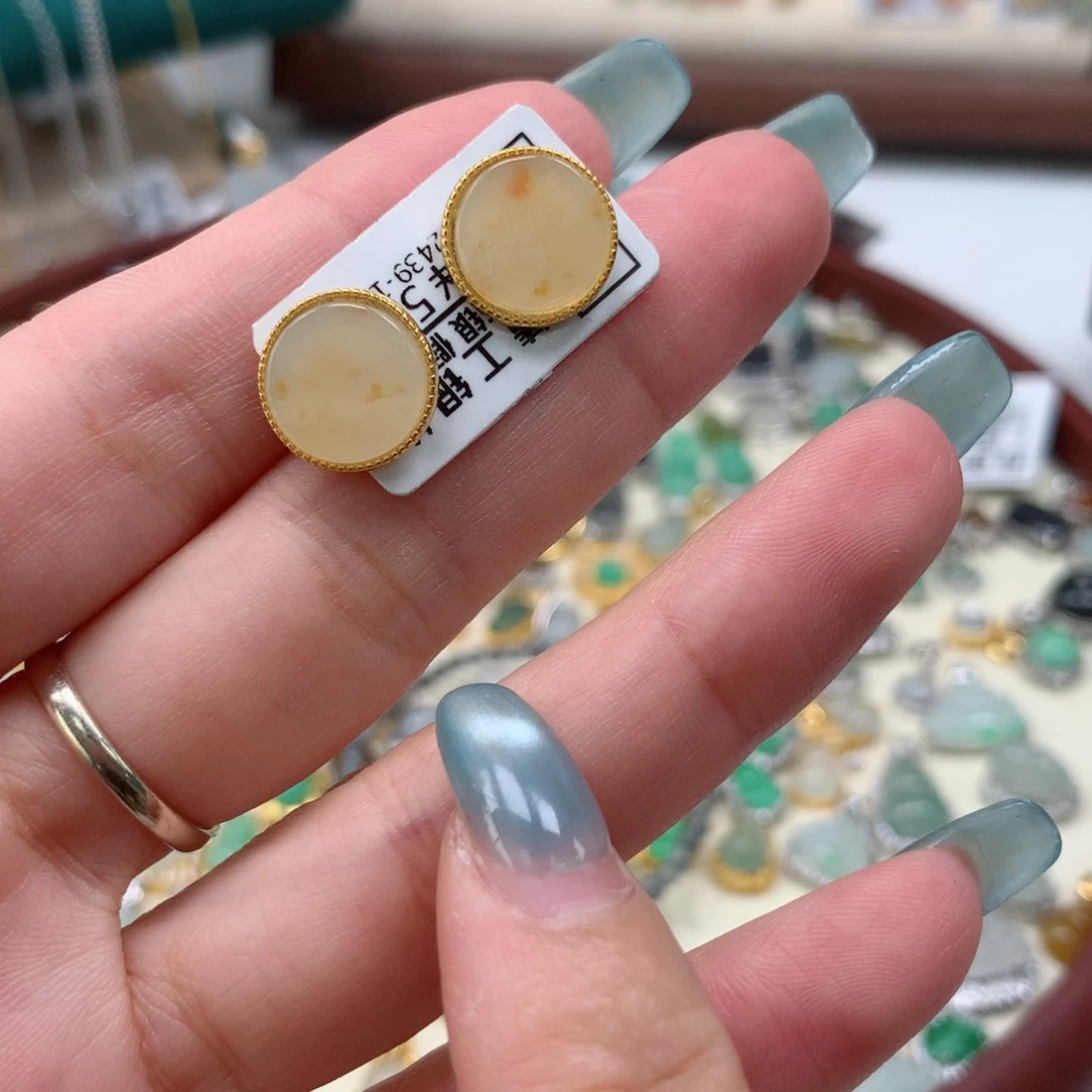 翡翠银S925镶嵌颈饰圆牌耳钉