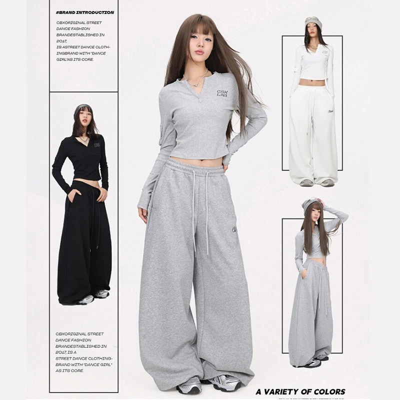 街舞潮牌宽松长腿裤灰色kpop辣妹高棉亲肤嘻哈抽绳美式休闲裤卫裤
