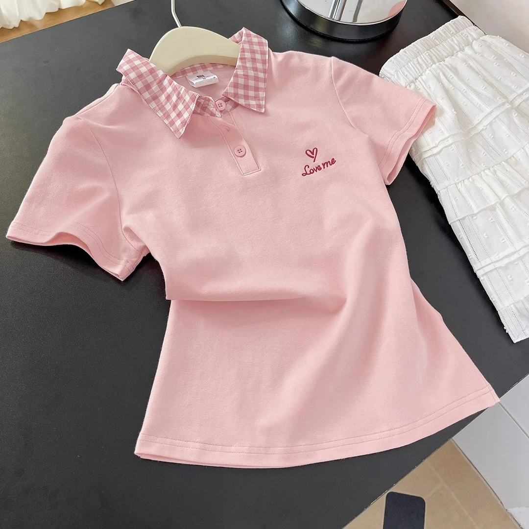 粉色拼接格子Polo领修身韩系短袖t恤女独特绝美初夏百搭气质上衣