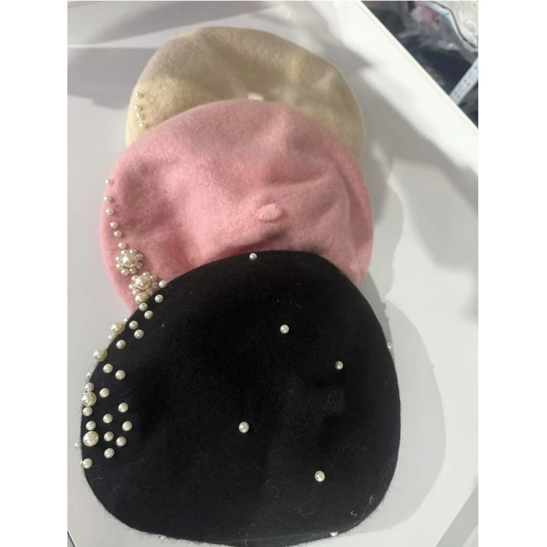 奇米迪女童时尚秋冬毛呢珍珠贝雷帽250409