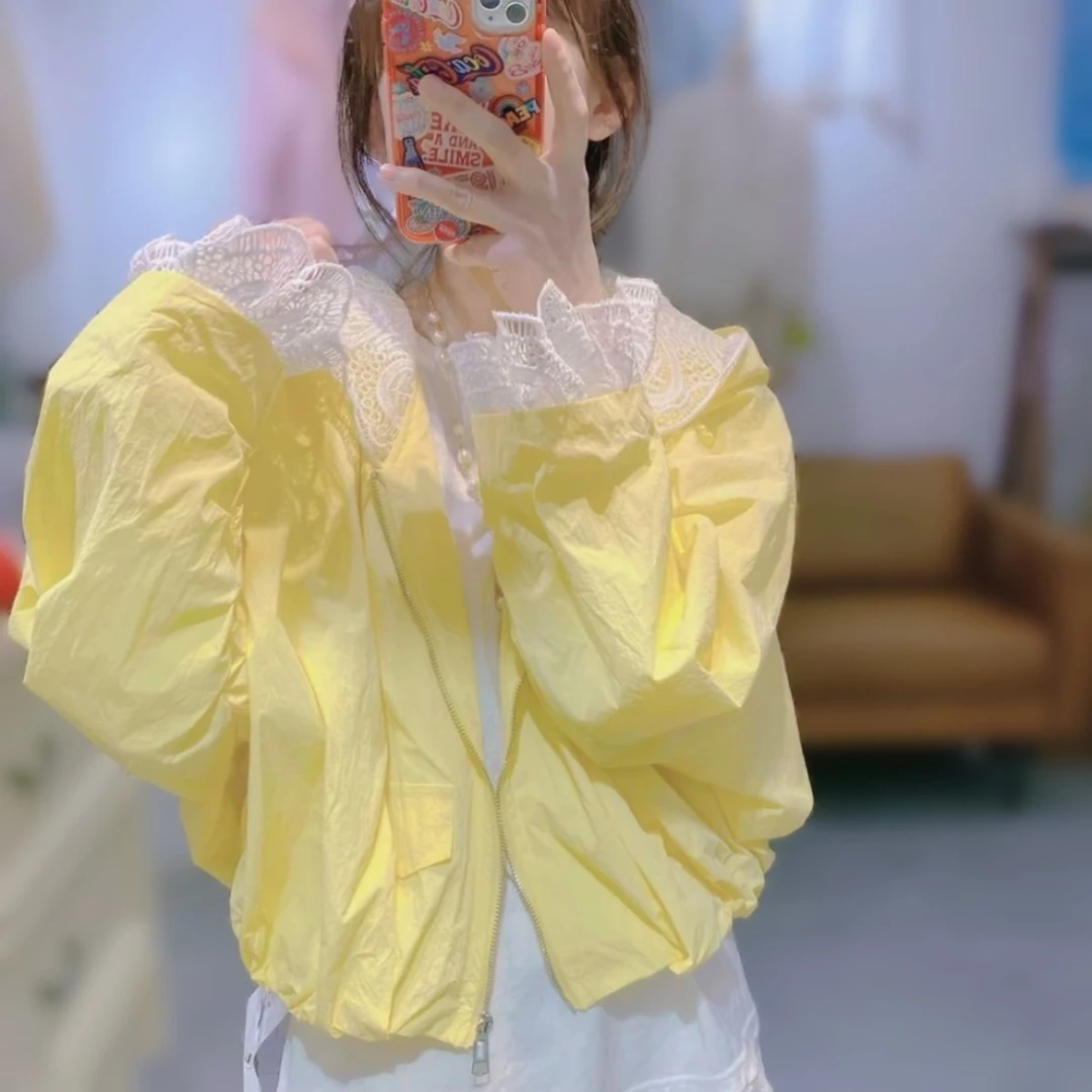 2025新款时尚防晒拼接连帽外套女士薄款欧货春夏蕾丝边洋气开衫
