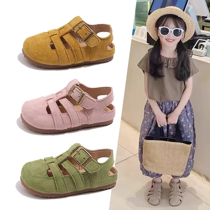 ABC夏季女童勃肯凉鞋洋气磨砂包头男童编织罗马鞋镂空软底沙滩鞋