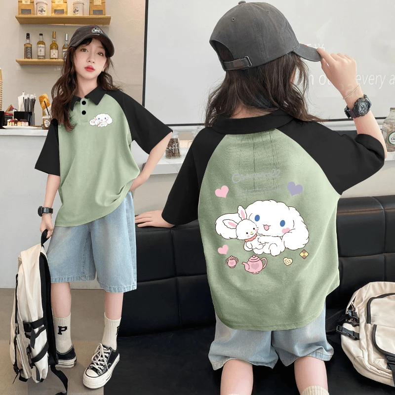 新款夏季韩版儿童polo衫纯棉休闲中大童印花女童宝宝拼接时髦短袖