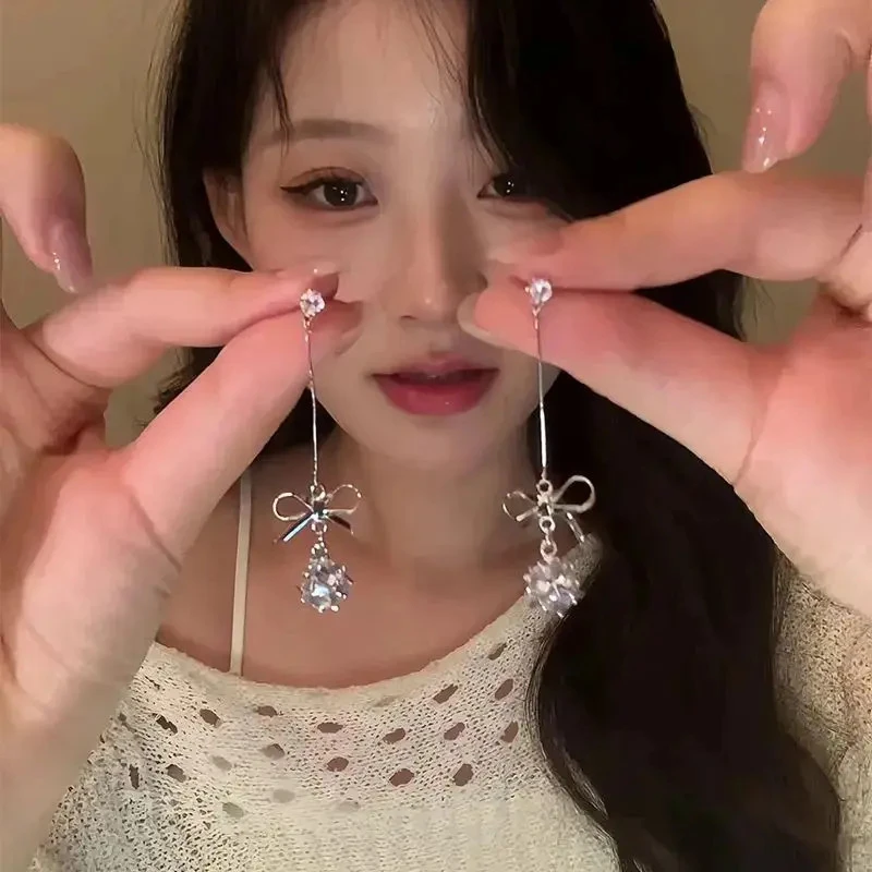 铜合金锆石耳饰 铜蝴蝶结流苏耳饰锆石百搭优雅耳环新款耳饰超仙