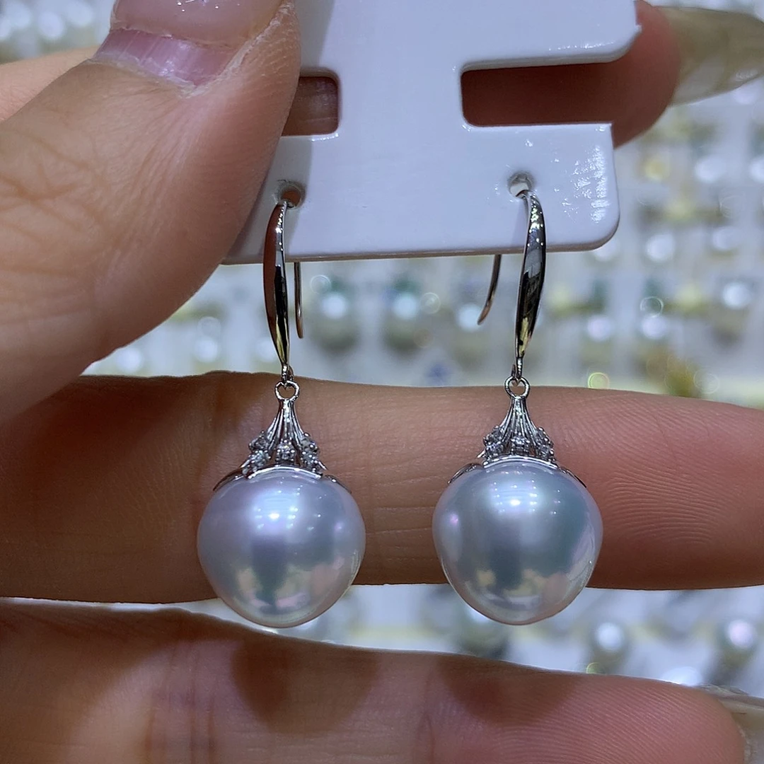 海水珍珠耳饰18K金镶嵌12/13mm奥白