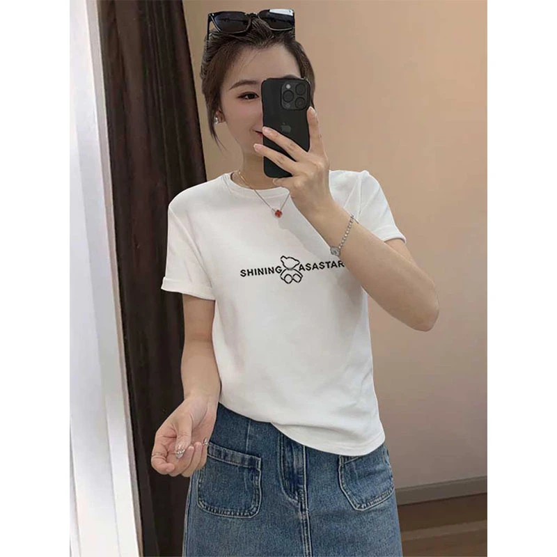 正肩圆领短袖t恤女2025新款洋气白色磨毛上衣显瘦打底衫春夏秋季