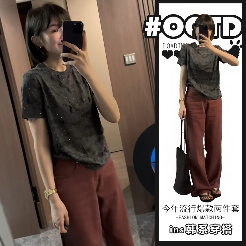 灰色高级感短款修身T恤女装2025夏季新款时尚洋气阔腿裤两件套装