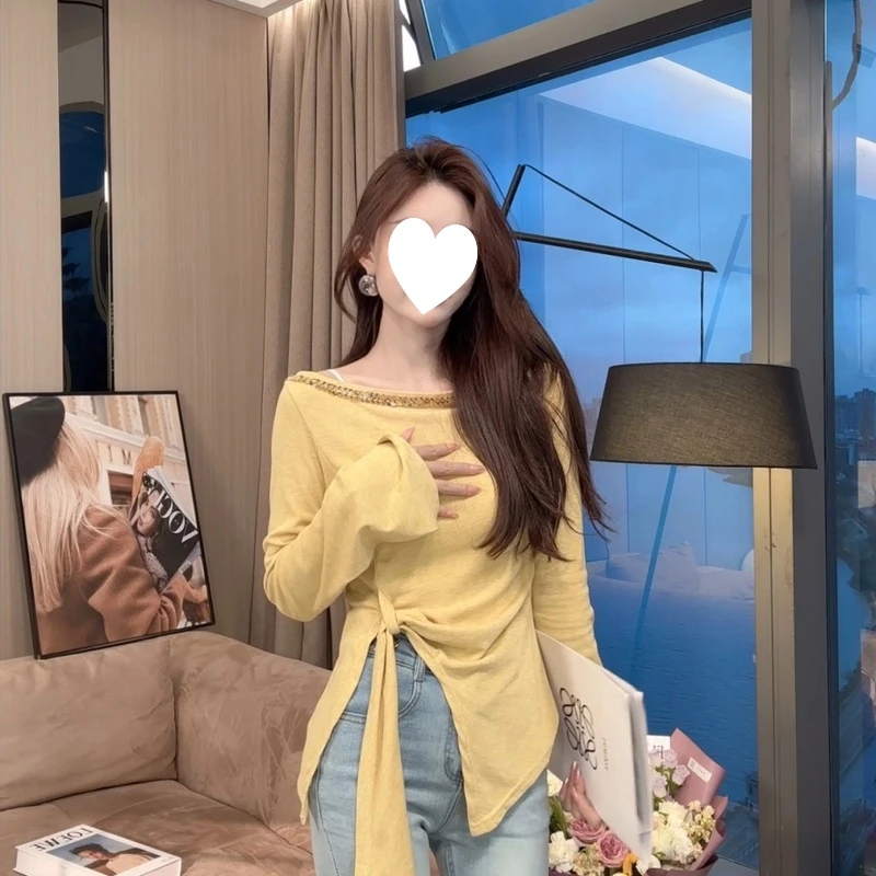 2025春季新款长袖打底衫烫钻修身不规则纯欲风T恤女