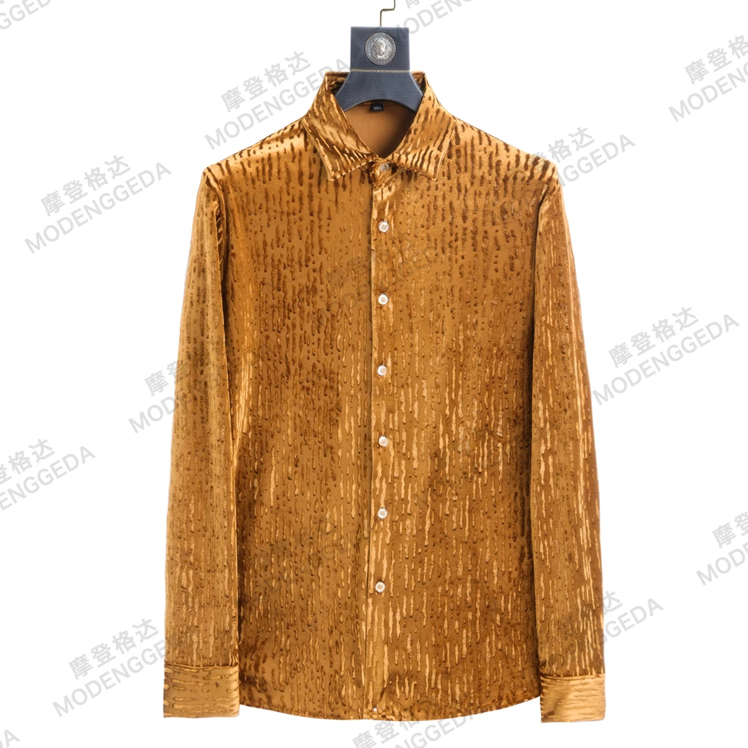 冬季金丝绒男士线条提花保暖衬衫休闲时尚轻奢高级修身百搭外套