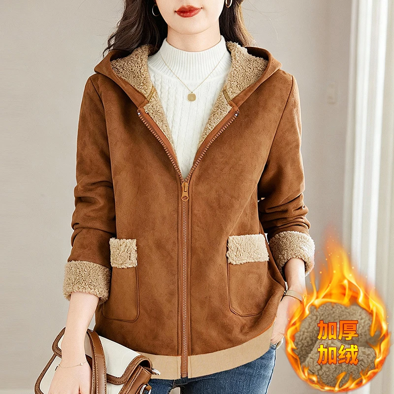 加绒加厚羊羔毛外套女冬装新款今年流行爆款连帽上衣大码女装帽衫