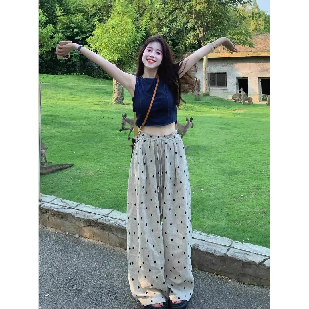 大码时尚波点阔腿裤女秋季胖mm显瘦休闲裤宽松直筒裤高腰拖地长裤