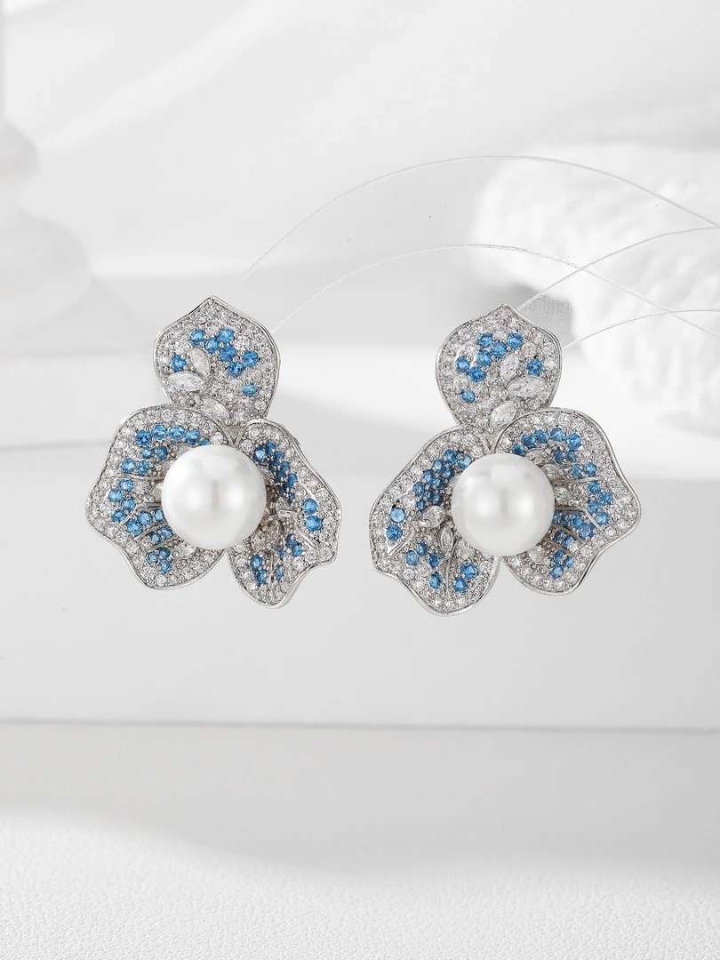 合金合成锆石耳饰 1814高级轻奢时尚大花朵耳环