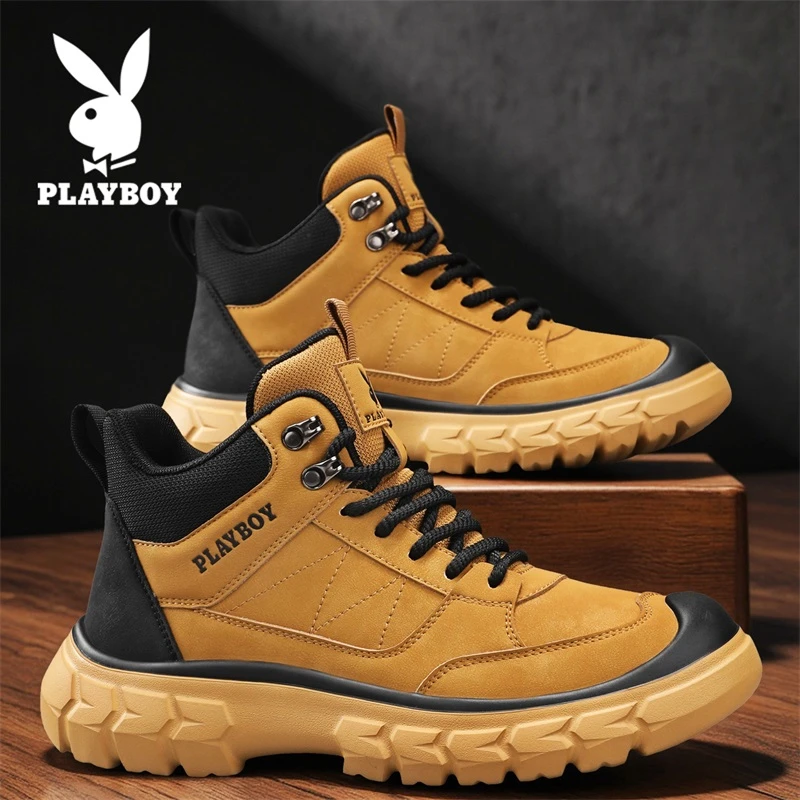 PALYBOY/花花公子秋冬男鞋2025高帮百搭男士工装鞋厚底防滑马丁靴