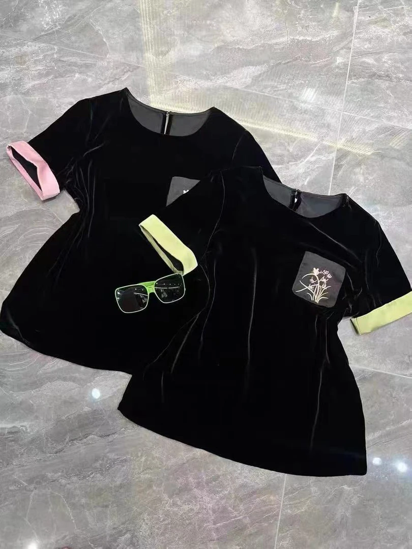 邹先森2368-30新款新中式国风丝绒刺绣口袋撞色T恤