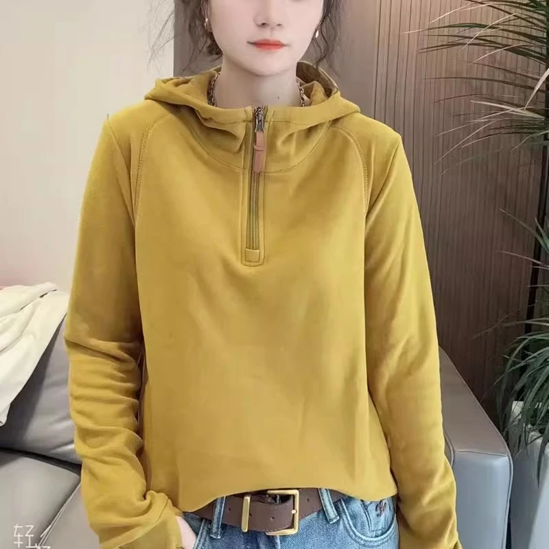 半拉链连帽德绒卫衣女2025秋冬新款韩版时尚纯色洋气百搭保暖上衣