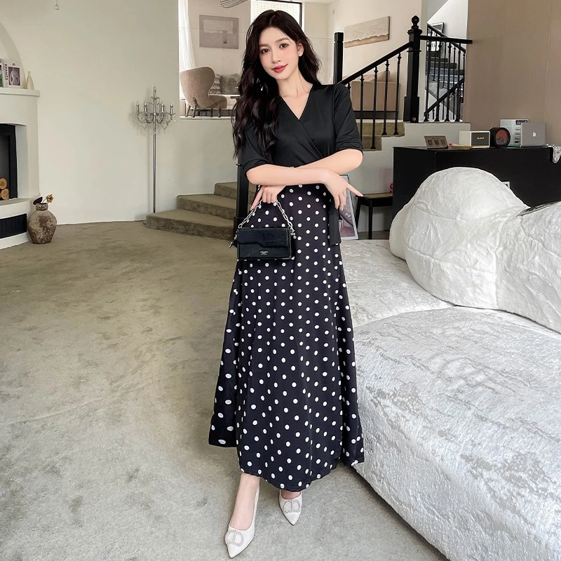 法式裹身裙法式波点收腰显瘦修身黑色连衣裙长款夏季新款拼接性感