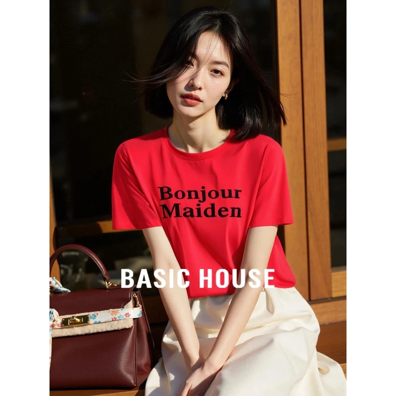 Basic House/百家好休闲减龄红色字母纯棉T恤女早秋新品显白体恤